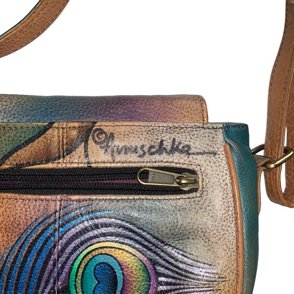 Anuschka Hand Painted Crossbody Saddle Bag Peacock Lily Purse - Picture 8 of 12